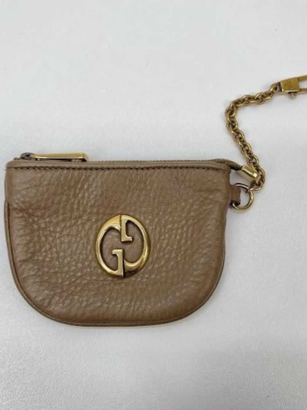 Gucci Taupe Leather Coin Pouch with Gold GG Emblem